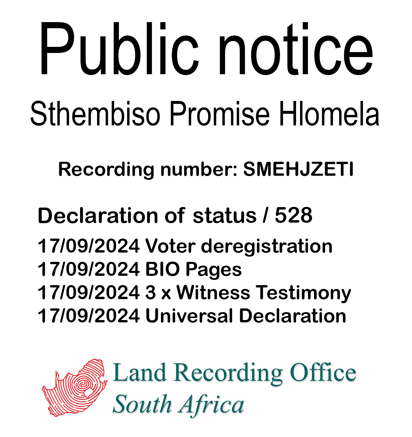 Public Notice Sthembiso Promise Hlomela Recording Number SMEHJZETI